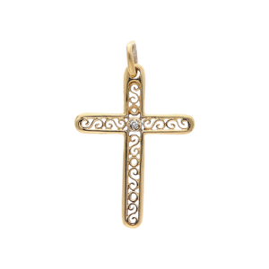 Pre-Owned 9ct Yellow Gold Diamond Set Filigree Cross Pendant