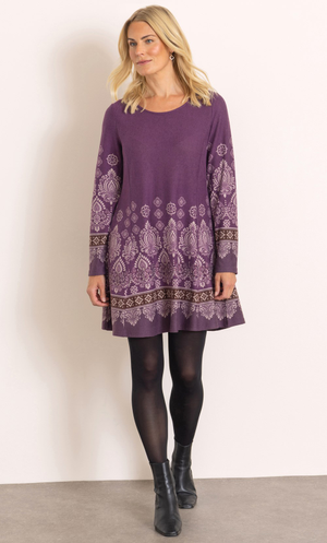 Embellished Border Print Knitted Tunic - Berry