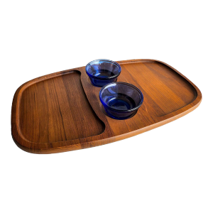 1960s Danish Teak Wood Charcuterie Board With Glass Bowls, 3 Piece Set