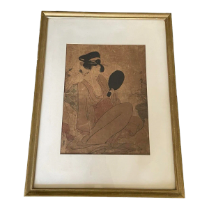 18th Century Kitagawa Utamaro Woodblock Print, Mother and Child Gazing at a Hand Mirror, Framed