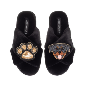 Classic Laines Slippers With Paw & Rottweiler Brooches - Black (L)