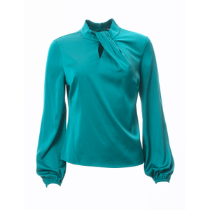 Draped Mock Neck Long Sleeve Shirt In Emerald Solid (L)