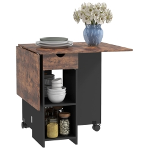 HOMCOM Folding Dining Table, Drop Leaf Table for Small Spaces, Foldable Table with Drawer and Storage Shelves for Kitchen, Dining Room, Rustic Brown