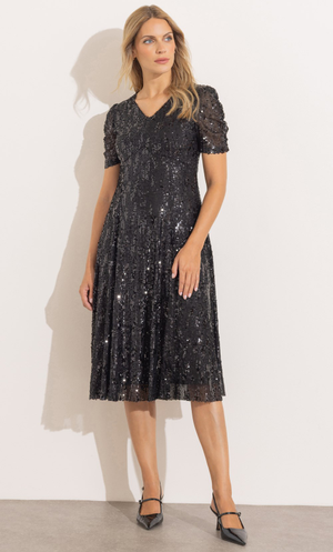 Sequinned Mesh V Neck Midi Dress - Black
