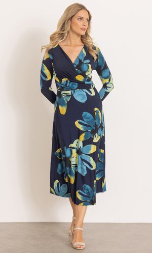 Wrap Around Floral Long Sleeve Midi Dress - Midnight/Teal