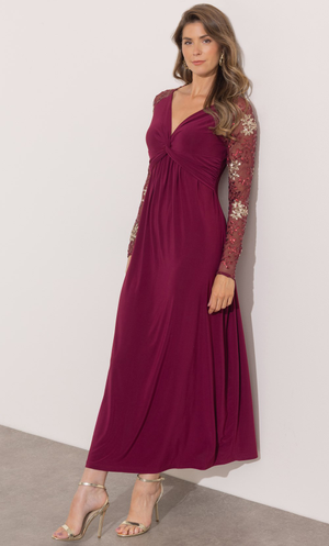 Embellished Long Sleeve Maxi Dress - Claret/Gold