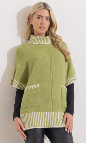 Short Sleeve High Neck Knitted Jumper - Khaki/Ivory