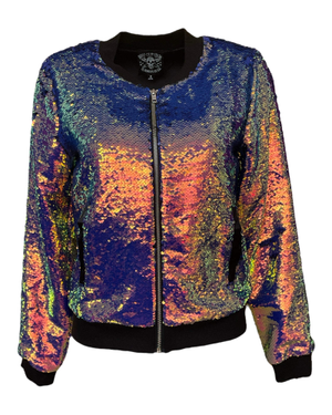 Iridescent Oil Slick Sequin Bomber Jacket (XXL)