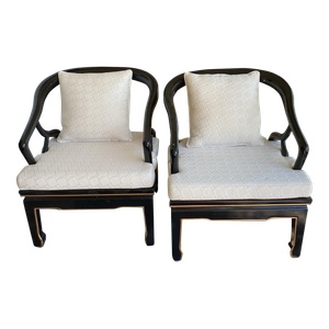 1980s Pair of James Mont Style Chinoiserie Black Lacquer Club Chairs