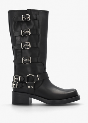 Black Leather Multi Buckle Biker Knee Boots