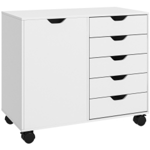 HOMCOM Mueble de Almacenamiento para oficina 5 cajones 1 puerta repisa ajustable soporte para impresora ruedas 78x40x66,5 cm Blanco
