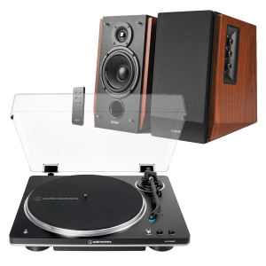 Audio-Technica AT-LP70XBT Bluetooth Black Turntable + Edifier R1700BT Active Bluetooth Speakers - Brown