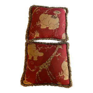Set of 2 Vintage Custom Cranberry & Tan Pillows With Elephants, Monkey & Giraffes