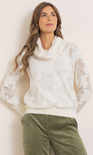 Lace And Knit Cowl Neck Top - Winter White