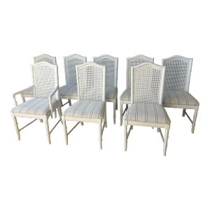 1980s Thomasville White Cane Faux Bamboo Dining Chairs-Set of 8