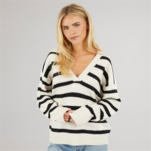 Brave Soul Womens V-Neck Stripe Jumper Oatmeal/Black Stripe