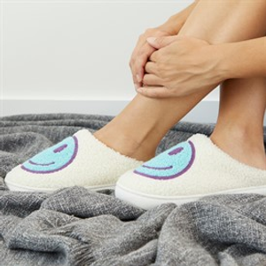 KRUSH Womens Happy Face Mule Slippers White/Pale Blue
