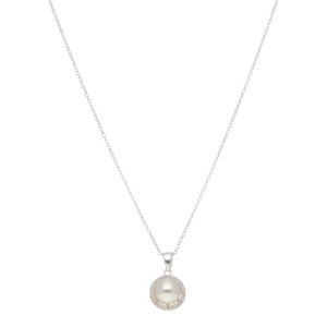 New Sterling Silver Pearl & Cubic Zirconia Halo Pendant Necklace