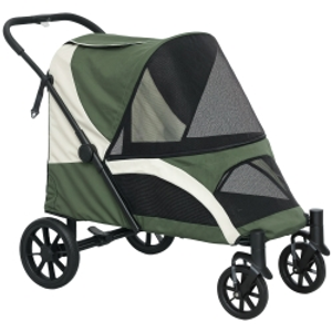 PawHut Carrito de Perro Plegable para Grandes Perros, Carro para Mascotas con 4 Ruedas, Correas de Seguridad, Frenos, Verde Oscuro