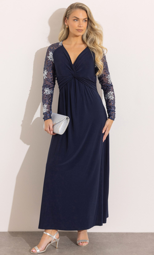 Embellished Long Sleeve Maxi Dress - Midnight/Silver
