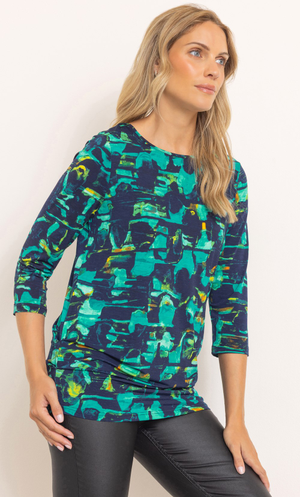 Printed Ruched Tunic Top - Navy/Teal