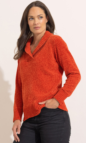Chenille Long Sleeve Collared Jumper - Rust