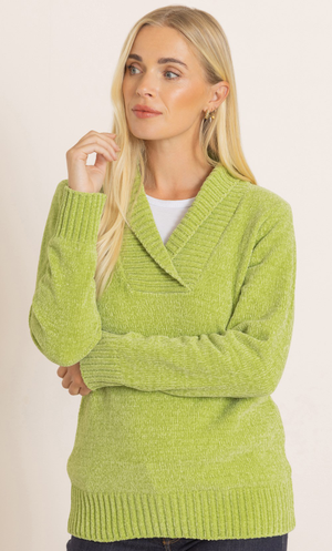 Chenille Long Sleeve Collared Jumper - Lime