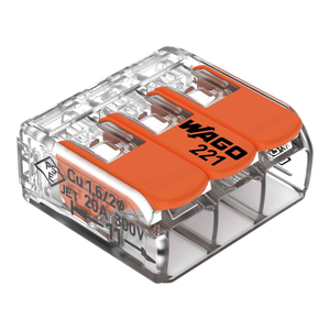 Wago 221-413 Transparent 3 Pole Compact Lever Operated Connector With CAGE CLAMP for Solid & Stranded Cable Up to 4mm² 32A (Pack Size 50)