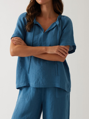 Monaco Linen Gathered Top in Ocean