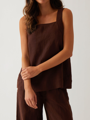 Monaco Linen Wide Strap Top in Chocolate