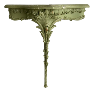 Antique, French, Hand-Carved Demilune Console in Green Painted Finish