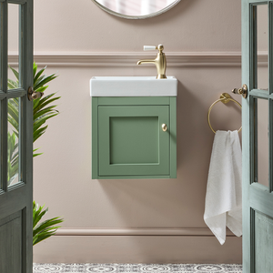 Milano Thornton - Pastel Green 400mm Wall Hung Traditional Cloakroom Vanity Unit with Basin and Classic Round Brushed Brass Handle
