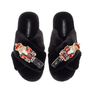 Classic Laines Christmas Collection Slippers With Double Red Grand Nutcrackers Brooches - Black (L)