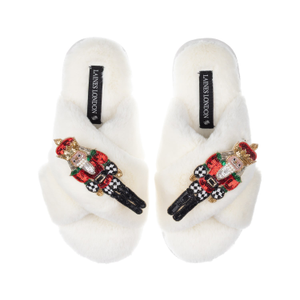 Classic Laines Christmas Collection Slippers With Double Red Grand Nutcrackers Brooches - Cream (S)