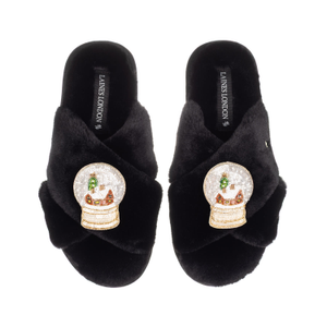 Classic Laines Slippers Christmas Collection With Double Snow Globe Brooches - Black (M)