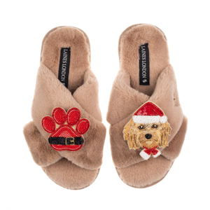Classic Slippers With Christmas Golden Cavapoo & Paw Brooches - Toffee (L)