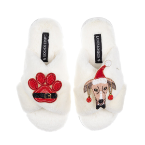Classic Slippers With Christmas Greyhound & Paw Brooches - Cream (L)