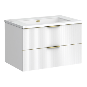 Opus 900mm Fluted Wall Hung 2-Drawer Vanity Unit – Satin White with Marble‑Effect Basin &amp; Brushed Brass Handles