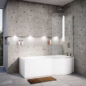 Cruze P Shaped Shower Bath - 1600mm with Screen + Panel Right Hand Option