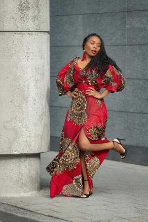 Anan Red and Brown Off Shoulder Maxi Dress