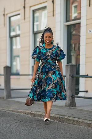 Nefertiti Blue and Brown Midi Dress