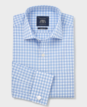 Sky Blue White Cotton Gingham Check Classic Fit Formal Shirt - Double Cuff [RTC]