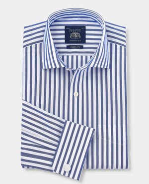 Blue White Cotton Poplin Striped Classic Fit Formal Shirt - Double Cuff