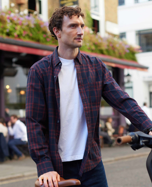 Burgundy Navy Brushed Cotton Check Classic Fit Button-Down Casual Shirt