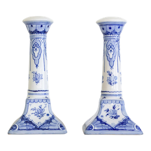 A Pair of Porcelain Delft Blue and White Candlesticks
