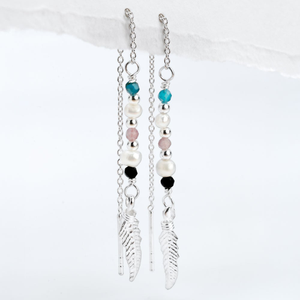 Signature Silver Gemstone Feather IMERAKI Drop Earrings