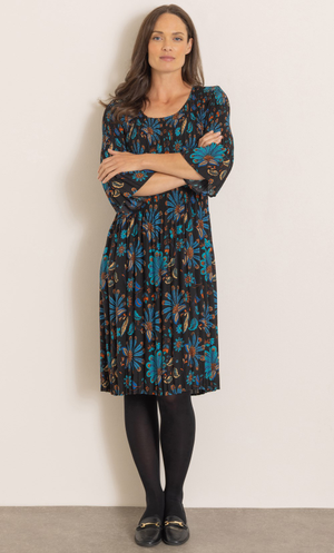 Floral Print Pleated Dress - Black/Teal