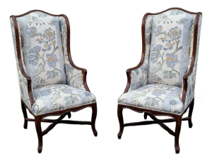 Henredon Louis XV Style Cowtan & Tout "Scrolling Floral Stripe" Walnut High Back Wing Chairs- A Pair