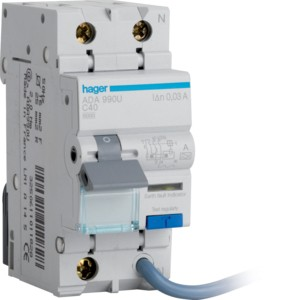 Hager ADA990U 1P+N C Curve Type A RCBO C40A 30mA 6kA