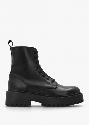 Black Leather Lace Up Chunky Ankle Boots